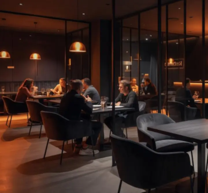 Sötét tónusú, narancs fényekkel megvilágított, modern restavildhub enteriőr
