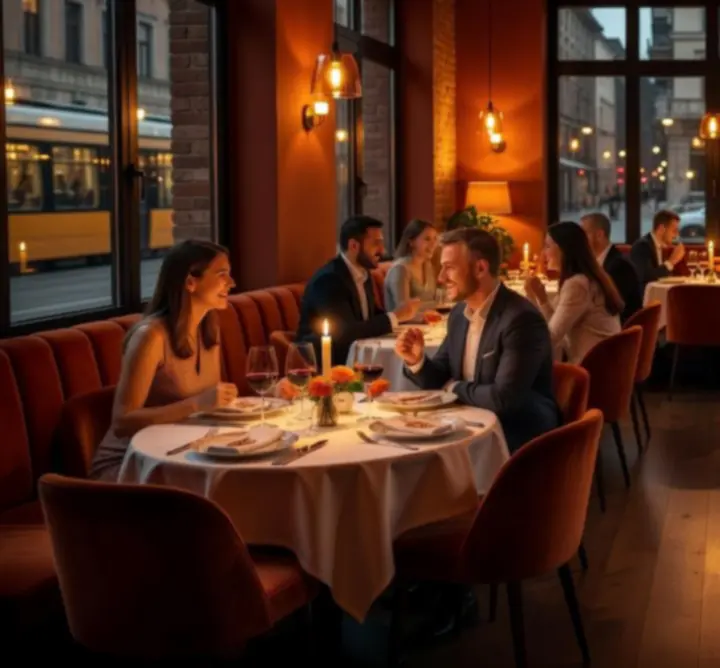 Vendégek a restavildhub esti éttermi terében, meleg narancs fényekkel.